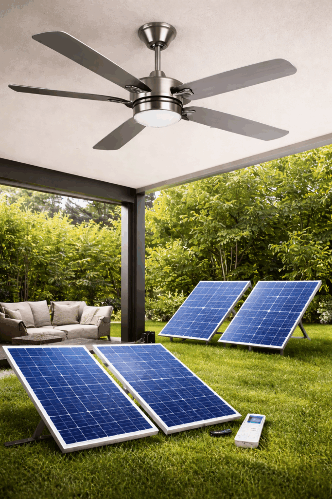 Solar powered ceiling fan installed on outdoor patio with 12V solar panels providing off-grid cooling