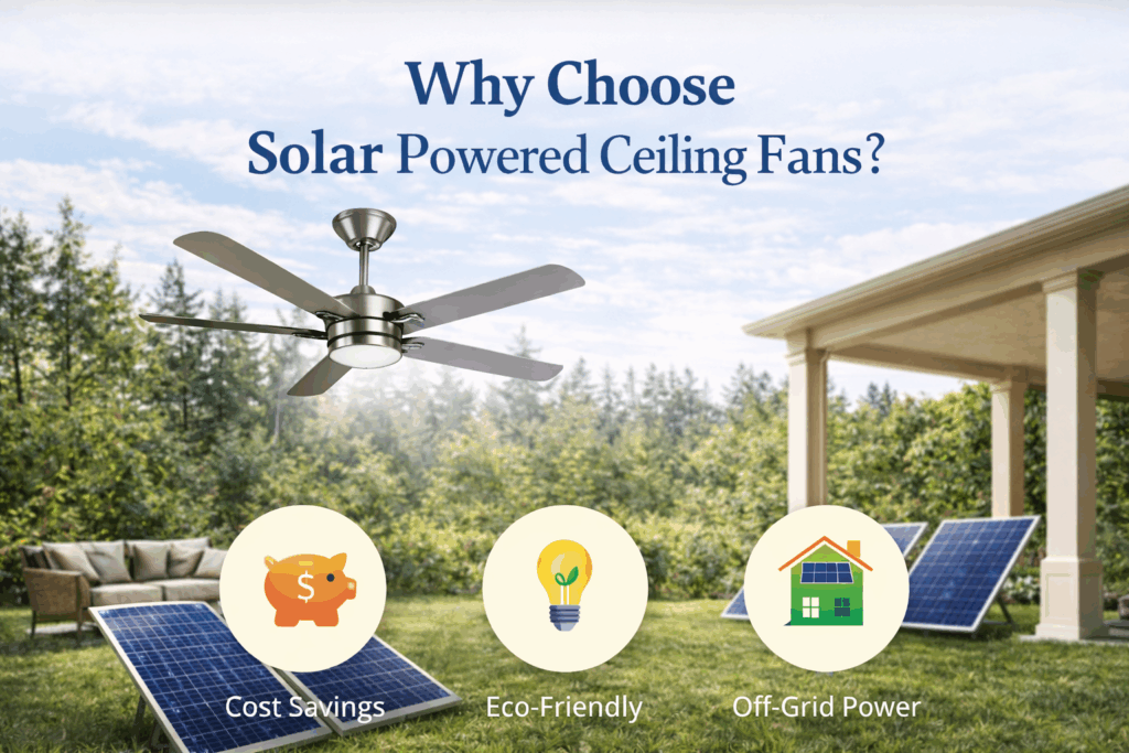 Solar powered ceiling fan with outdoor solar panels demonstrating energy-efficient off-grid cooling